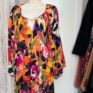 Spense Multicolor Floral Pleated Blouse with Orange Trim
